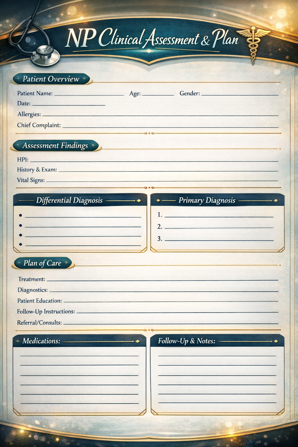 NP Clinical Assessment & Plan Template (Colorful PDF) – Patient Evaluation Worksheet