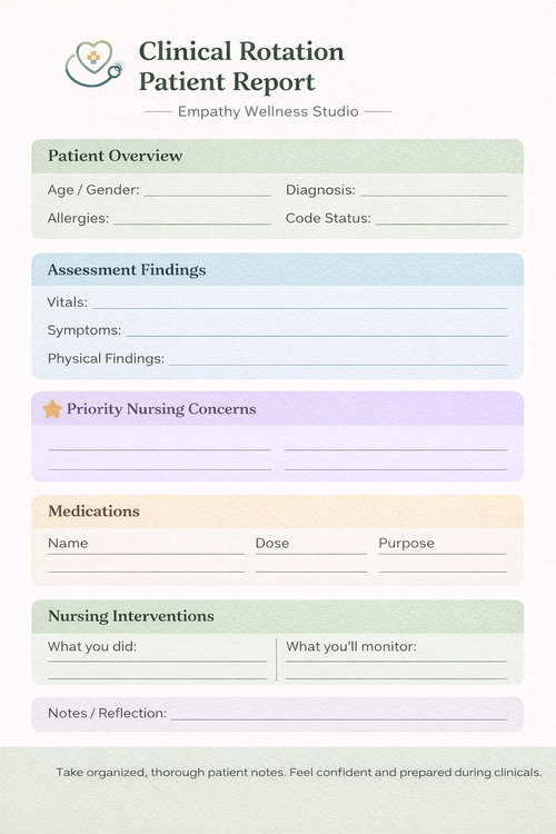 Clinical Rotation Patient Report Printable (Colorful PDF)Nursing Student Report Sheet